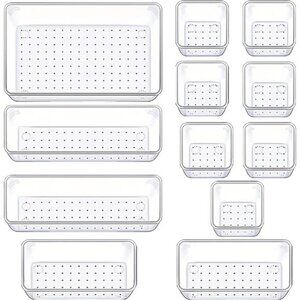 Clear Drawer Organizer Set 12 Plastic Storage Bins Kitchen Bathroom Desk